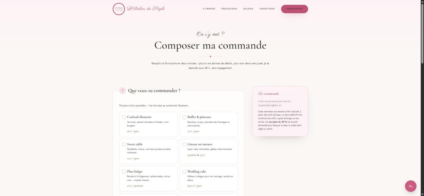 Le formulaire de commande : les formules à cocher à gauche — cocktail dînatoire, buffet, sweet table, gâteau sur mesure — et le récapitulatif « Ta commande » à droite.